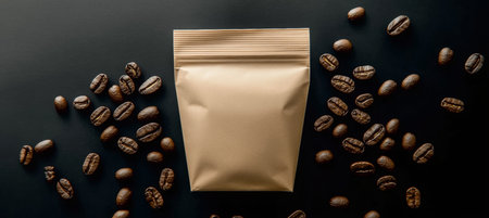 Elegant Kraft Paper Pouch Surrounded by Freshly Roasted Coffee Beans on Dark Background for Brandingの素材