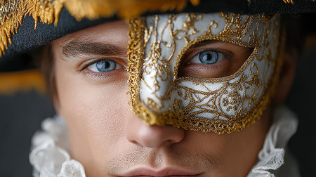 Charming Venetian Gentleman in Opulent Mask Revealing Mysterious Blue Eyes at Festive Celebrationの素材