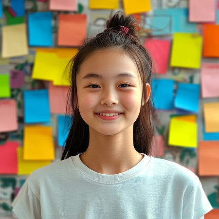 Happy Asian Female Student Surrounded by Colorful Sticky Notes in Engaging High School Classroomの素材