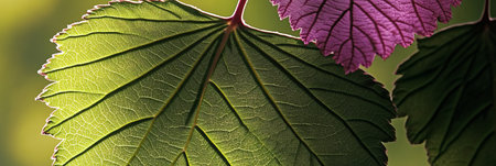Vibrant Green and Purple Springtime Leaves Bathed in Sunlight, Close-Up Artistic Floral Textureの素材