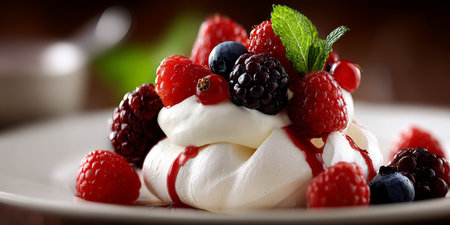 Pavlova Perfection A Fluffy Meringue Dessert Topped with Whipped Cream and Fresh Berriesの素材