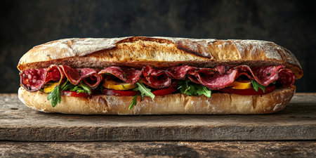 Delicious Sub Sandwich Artisan Bread Stacked with Salumi, Fresh Tomato, and Crisp Greens for Flavorの素材