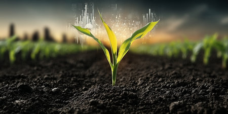 Maize Seedlings Flourishing in Fertile Fields with Innovative Digital Crop Technology Solutionsの素材