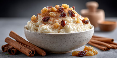 Delicious traditional rice pudding topped with cinnamon and sweet raisins served in a ceramic bowl.の素材