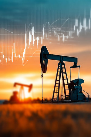 Crude Oil Production at Sunset with Pump Jacks and Digital Graphs Reflecting Economic Trendsの素材