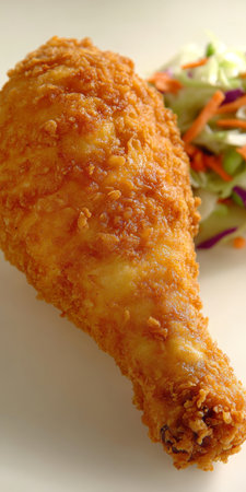 Golden Fried Chicken Drumstick Meal with Fresh Side Salad and Crispy Chicken Close Up Presentationの素材