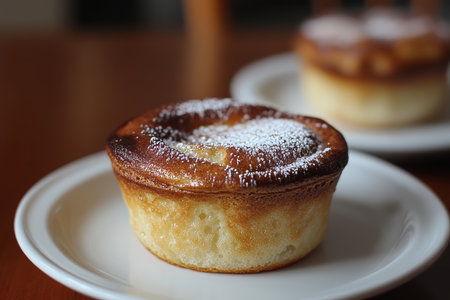 Delicious Small Cake on Elegant Plate, Garnished with Sugar, Perfect for Gourmet Breakfast Treatsの素材