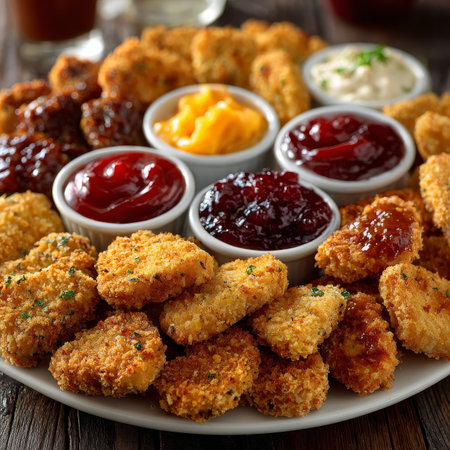 Delicious Chicken Nuggets Served with a Variety of Dipping Sauces for a Fun Meal Experienceの素材