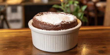 Decadent Chocolate Souffl Dessert Elegantly Presented on a Rustic Wooden Table with Powdered Sugarの素材