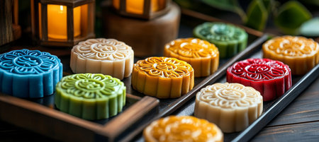Colorful Traditional Mooncakes for Mid-Autumn Festival Celebration, Close-Up of Festive Treatsの素材