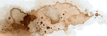 Artistic coffee stain on a white textured canvas creating an organic shape and creative element.の素材