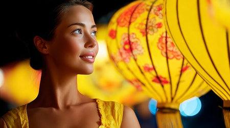 Attractive young woman celebrating lantern festival at night, surrounded by colorful lights and joy.の素材