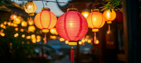 Vibrant Red Chinese Lanterns Hanging in the Night Sky to Celebrate the Mid Autumn Festivalの素材