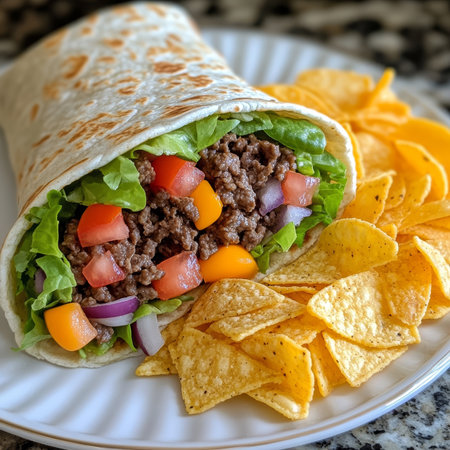 Tasty Beef Wrap with Savory Ground Beef, Fresh Vegetables, and Crunchy Corn Chips for Food Loversの素材