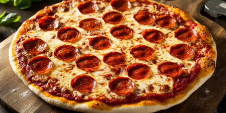 Delicious Pepperoni Pizza on a Wooden Board, Perfectly Baked with Melted Cheese and Fresh Toppingsの素材