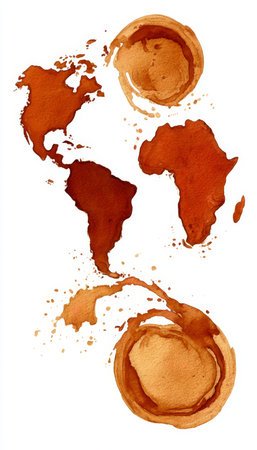 Artistic World Map Created from Brown Coffee Stains on White Background, Earthy and Grunge Aestheticの素材