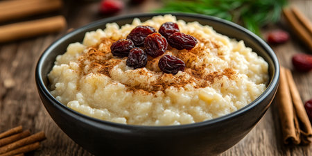 Creamy Rice Pudding with Cinnamon and Raisins Served in Elegant Bowls for a Cozy Autumn Treatの素材