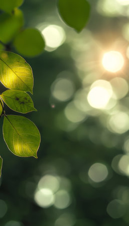 Beautiful Green Leaf Bokeh Background with Natural Light Flare and Abstract Foliage Designの素材