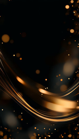 Elegant Black Backdrop Adorned with Golden Ribbons and Sparkles, Perfect for Luxurious Celebrationsの素材