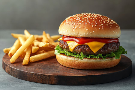Mouthwatering Cheeseburger Combo with Crispy Golden Fries on Rustic Wooden Board, Classic Diner Vibeの素材