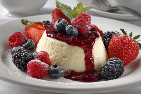 Indulgent Panna Cotta with Fresh Berries and Homemade Berry Coulis on a White Elegant Plateの素材