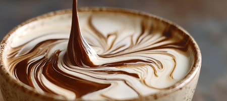 Artistic Blend of Coffee and Milk, Swirling Layers Creating Mesmerizing Patterns in a Cup Designの素材