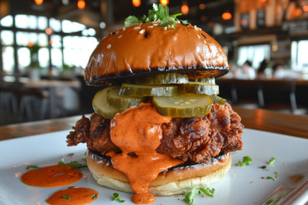 Delicious Gourmet Crispy Fried Chicken Sandwich on a Bun with Sauce and Pickles, Close Upの素材