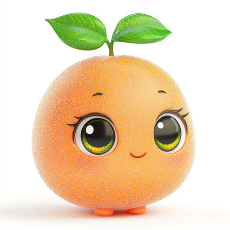 Cute Orange Character Smiling Cheerfully, 3D Rendering with Big Eyes, Isolated on White Backgroundの素材