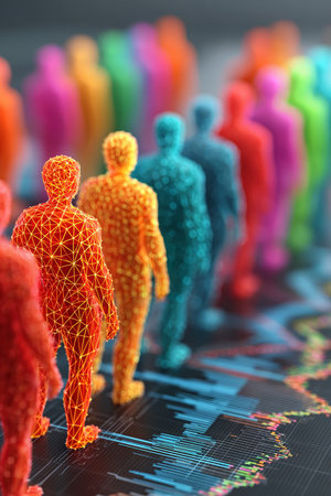 Diverse Teamwork and Collaboration Concept Illustration with Colorful Human Shapes on Code Linesの素材