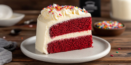 Deliciously Decadent Red Velvet Cake Slice with Creamy Frosting and Sprinkles on a Festive Plateの素材