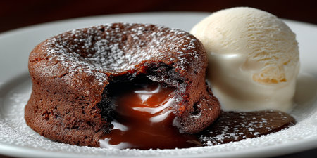 Decadent Chocolate Lava Cake with Molten Center, Served with Vanilla Ice Cream on a Elegant Plateの素材