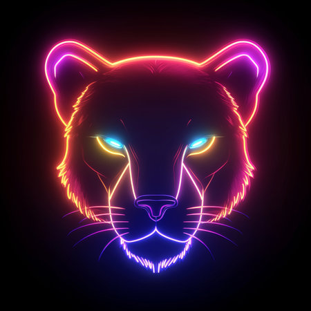 Vibrant Neon Leo A Stunning Modern Zodiac Symbol Illuminated Against a Deep Black Backgroundの素材