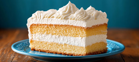 Delicious Tres Leches Cake Slice with Three Milk Soak, Topped with Whipped Cream and Berriesの素材