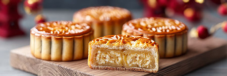 Elegant Display of Golden Mooncakes with Rich Sweet Fillings for Mid-Autumn Festival Celebrationの素材