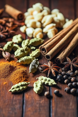 Authentic Spices Collection Cinnamon, Cardamom, Star Anise, and Nutmeg on Rustic Surfaceの素材