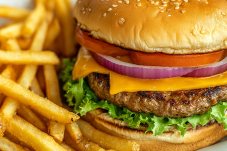 A Juicy Cheeseburger Served with Crispy French Fries on a Wooden Platter in a Cozy Diner Settingの素材