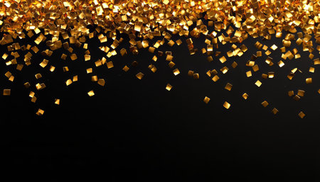 Golden confetti brilliance cascades gracefully, creating a dazzling celebration in a modern setting.の素材