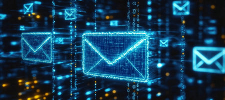 Glowing Email Envelopes Floating in Cyberspace Representing Digital Communication and Marketingの素材
