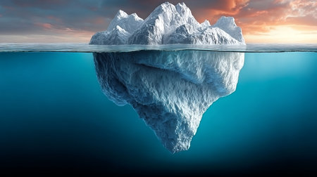 Stunning Iceberg Floating in Clear Blue Waters, Reflecting Sunlight with Beautiful Colors and Shapesの素材