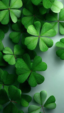 Top view of a lush shamrock meadow under spring rain, perfect for St. Patrick s Day celebrations.の素材