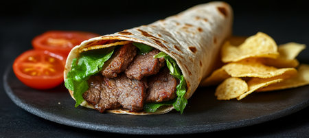 Colorful Beef Wrap with Fresh Lettuce, Tomatoes, and Crispy Tortilla Chips Served on Black Plateの素材