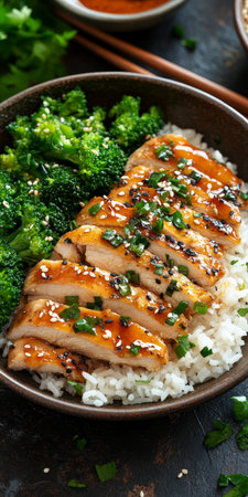 Mouthwatering Orange Glazed Chicken Served with Steamed Rice and Fresh Vegetables on Elegant Plateの素材