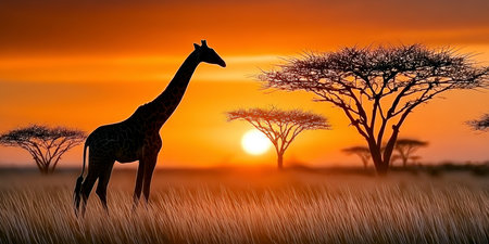 Elegant giraffe silhouette against a vibrant African sunset with golden grasslands and acacia treesの素材