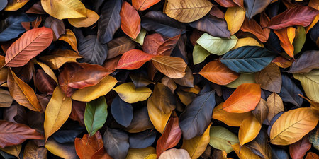 Autumnal Textures and Tapestry of Fallen Foliage Showcasing Nature s Chromatic Spectrum and Beautyの素材