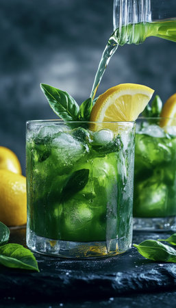 Refreshing Basil Lemonade With Ice and Lemon Slice Splash in a Glass of Cool Summer Drinkの素材