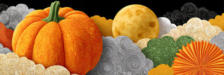 Vibrant Mid-Autumn Festival Scene with Pumpkin, Full Moon, and Festive Colors in Artistic Styleの素材