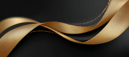 Elegant flow of golden fabric waves on a rich black backdrop, exuding luxury and visual allure.の素材