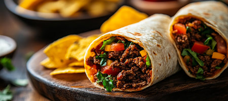 Beef Burritos and Nachos, Spicy Fast Food Meal with Tortilla Wraps, Perfect for Food Photographyの素材
