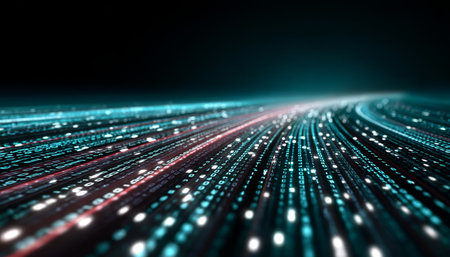 Futuristic City Landscape with Cyber Network Connection, Visualizing High-Tech Data Transfer Streamsの素材