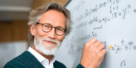 Dedicated Math Professor Engaging Students with Complex Calculations on Classroom Whiteboardの素材